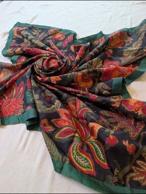 Natural Silk Handprint Floral Scarf in Green and Red